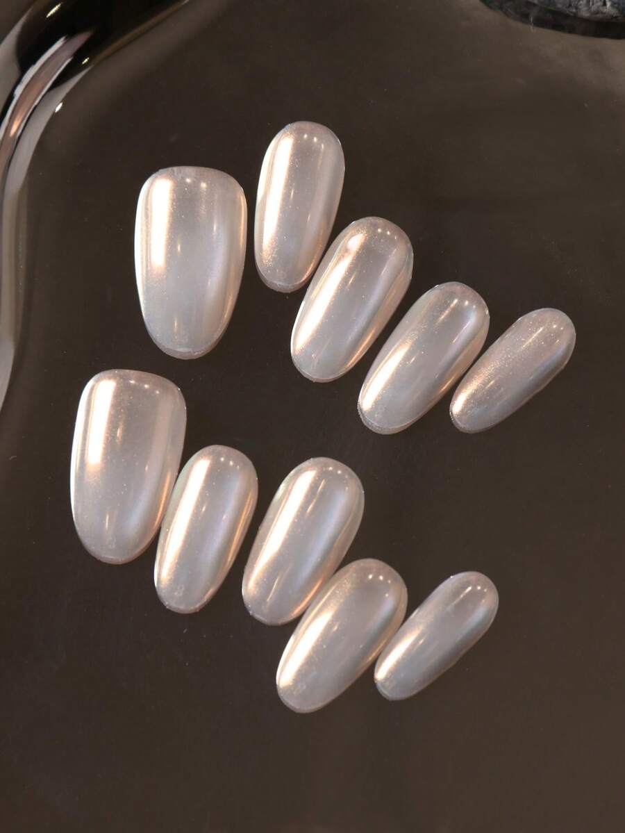 10片装白色猫眼美甲贴片，极光美甲贴片，假指甲，短款，适合办公室日常佩戴，人造指甲套装包含1张粘性贴片和1个迷你指甲锉。 - 彩色 - 查看 1