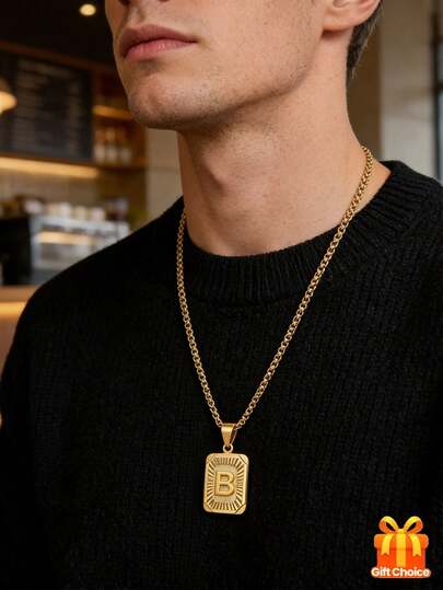 1件装奢华复古极简时尚嘻哈风格方形26字母项链，适合作为生日礼物、派对、母亲节、感恩节、情人节、旅行、日常佩戴