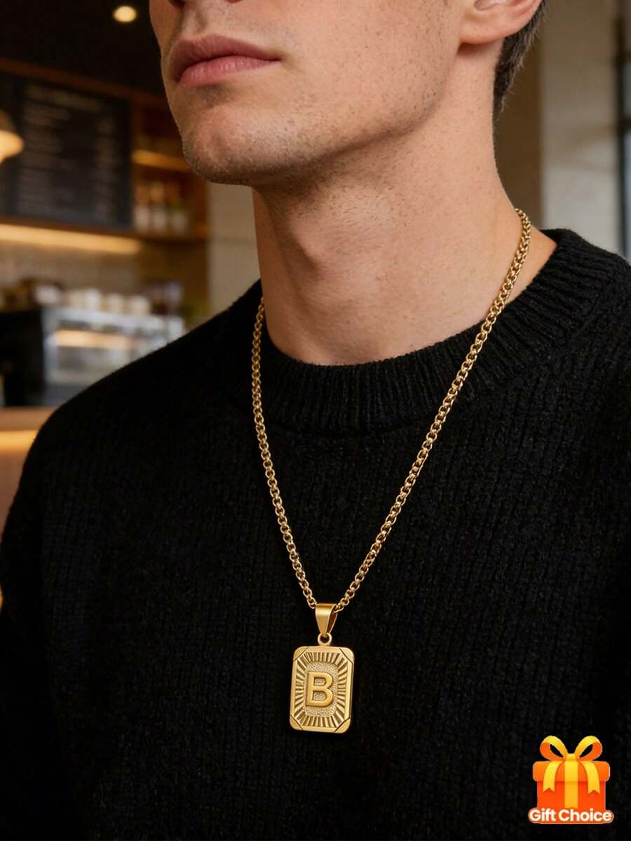 1件装奢华复古极简时尚嘻哈风格方形26字母项链，适合作为生日礼物、派对、母亲节、感恩节、情人节、旅行、日常佩戴 - 金色 - 查看 1