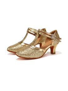 女童时尚亮片高跟拉丁舞鞋闪亮舞厅舞鞋莎莎舞表演舞凉鞋派对舞鞋 - 金色 - 查看 1