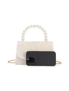 Elegant Lady's Mini Apricot Solid Satin Pleated Pearl Handbag For Party And Wedding - Apricot - View 4