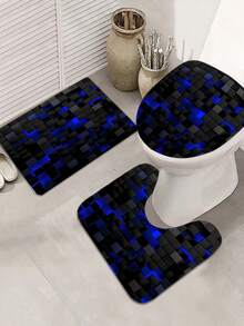 4pcs Geometric Square Pattern Shower Curtain Set, Shower Curtain With 12 Hooks, Non-Slip Bath Mat, U-Shaped Toilet Mat, Toilet Mat, Bathroom Decoration Accessories - A - View 9