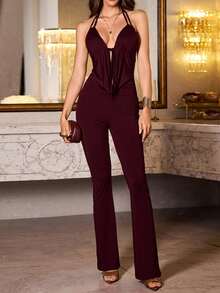 Night Out Jumpsuit Deep V Halter Neck Backless Sexy Clubwear Bodycon Romper for Women - Burdeos - Ver 2