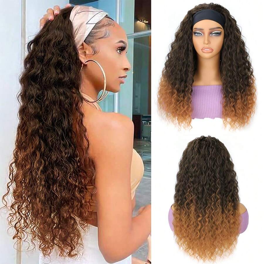 Water Wave Glueless Wig With Headband Black Synthetic Curly Wave Headband Wig Halloween Wig For Women - T30 - Xem 1
