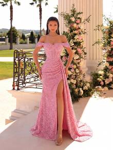 ADYCE Đầm maxi trễ vai, họa tiết xương cá, cạp cao, xẻ tà cao, đính sequin thanh lịch, thích hợp cho dạ hội, tiệc sinh nhật, tiệc tối trang trọng, hẹn hò, dạ tiệc, dự đám cưới, các dịp trang trọng, màu hồng xuân. - Hồng - Xem 3