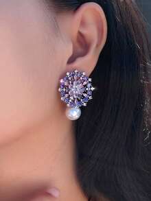1 Đôi bông tai ngọc trai hình hoa lớn đính đá Cubic Zirconia màu hồng và tím sang trọng, thích hợp cho nữ, phụ kiện trang sức dự tiệc đính hôn. - Hồng - Xem 6