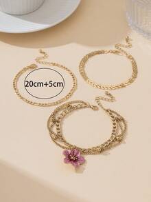 3pcs Set Of Elegant Vintage Luxury Handmade Gradient Tie Dye Pink Eggplant Flower Tassel Anklets - Pink - View 6