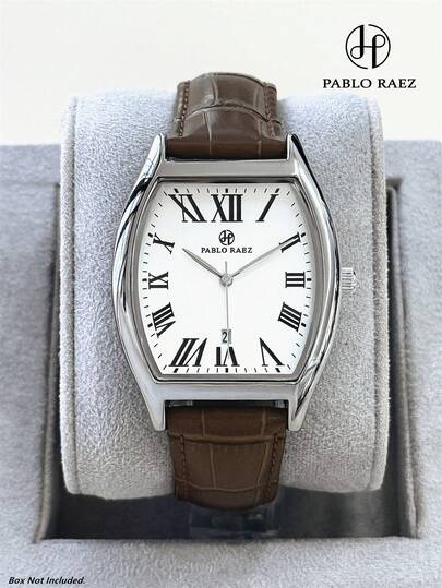 Pablo Raez 1pc Original Charming Men's Designer Watch Top Brand New Luxury Barrel-Shaped Wristwatch For Man Silver Non Tarnish Color Big Dial Male Clocks 50m Waterproof Calendar Men's Stainless Steel Simple Casual Fashion Quartz Watch Black & Brown Leather Roman Numeral Display White Dial High Level AAA Quality Business Wristwatch For Daily Use Gifts For Father Or Boy Friend Popular Style For Party Decoration Graduation Wedding Birthday Presents
