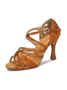 Một đôi giày khiêu vũ Latin màu nâu satin dành cho nữ, gót Cuban cao 9cm, đế mềm mại, thoải mái, thích hợp cho các buổi khiêu vũ Tango, Salsa, Cha Cha, dành cho các cô gái và phụ nữ, hoàn hảo cho các bữa tiệc trong nhà. - Đồng - Xem 15