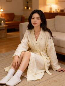 Women's Bathrobe,Women's Bathrobe - Simple European Style Long-Sleeved Bathrobe Loungewear,Kimono Robe,Minimalist European Style Long Sleeve Robe, Sweet & Cute, Colorful Speckled Decorations, Suitable For Spring And Autumn Back To School - Multicolor - View 6