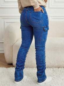 Women's Mid-Rise Stretch Denim Stack Jeans | Curvy-Fit Cargo Pocket Butt-Lifting Stretch Skinny Denim Pants - Dark Wash - View 5