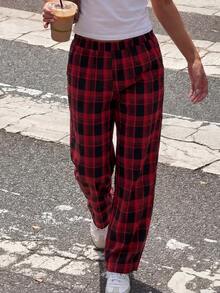Women's Red & Black Plaid Wide Leg Pants | High Waist Elastic Casual Trousers Suitable For Street Style And Spring Wear - Multicolor - View 1
