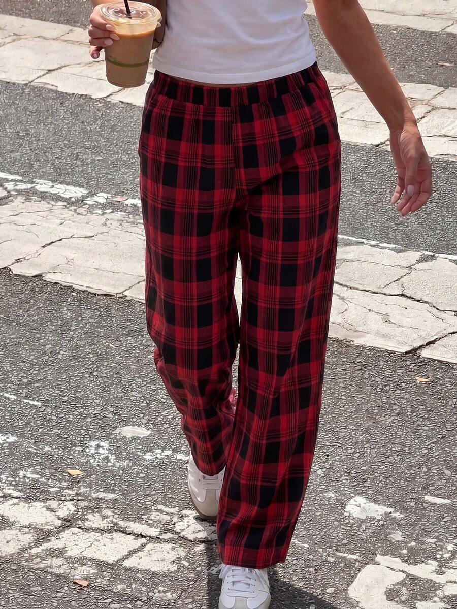 Women's Red & Black Plaid Wide Leg Pants | High Waist Elastic Casual Trousers Suitable For Street Style And Spring Wear - Multicolor - View 1