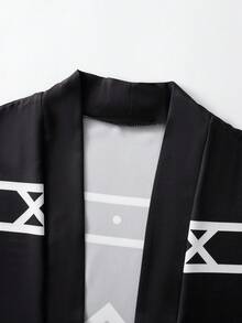 男款黑白幾何圖案寬鬆防曬外套，動漫和服襯衫 - 黑色 - 查看 6
