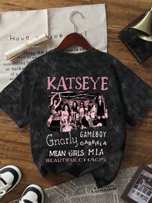 1pc Women Summer Loose Round Neck Washed Short Sleeve T-Shirt, Girl Group Graphic Print Casual Black - Black - View 3