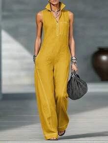 2026 New Model European And American Women's Stand Collar Sleeveless Casual Loose Cotton-Linen Jumpsuit, Elegant Women's Outfits - 天藍色 - 查看 10