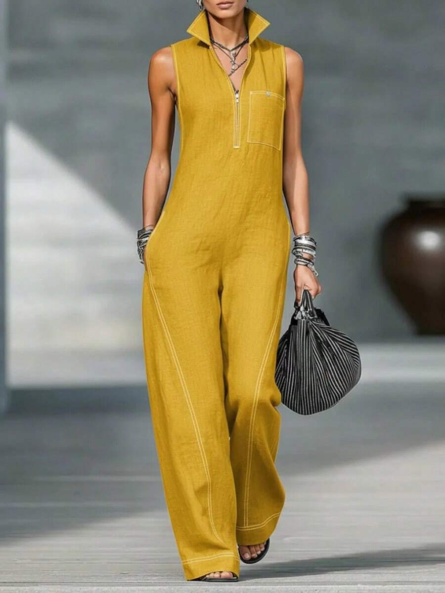 2026 New Model European And American Women's Stand Collar Sleeveless Casual Loose Cotton-Linen Jumpsuit, Elegant Women's Outfits - 黃色 - 查看 1