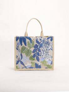 1pc Colorful Sequin & Mesh Patchwork Linen Tote Bag, Fashion Floral & Leaf Embroidery Design, Large Capacity Square Handbag, Casual Beach Vacation Shopping Bag (Floral Pattern Randomly Distributed) - Baby Blue - View 4