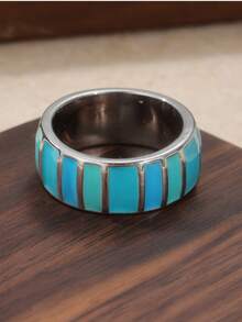 New Arrival Silver Handmade Artist Painting Ring, Memorial Ring, Gift Ring, Bohemian Style Wide Band Ring - Blue - View 2
