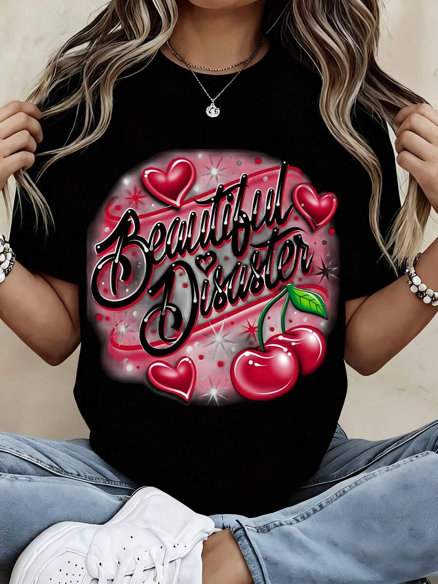 Beautiful Disaster T Shirt White Cherry Hearts And Sparkles Print Casual Wear For Women - màu đen - Xem 1