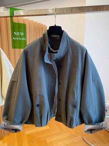 2025 New Arrival Loose Casual Striped Lining Stand Collar Short Windbreaker Jacket For Women, European And British Style Spring - 灰綠色 - 查看 6