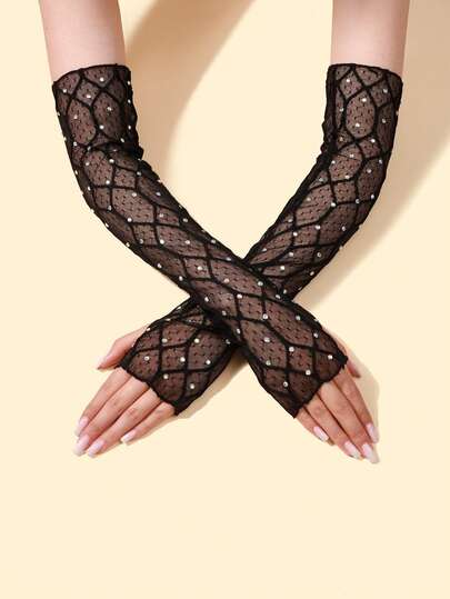 1 par de mangas de brazo de malla fina y encaje para mujer, con patrón de diamante negro, estilo largo de media manga con cristales, vibra sexy Y2K, mangas de brazo transpirables y protección solar para el verano