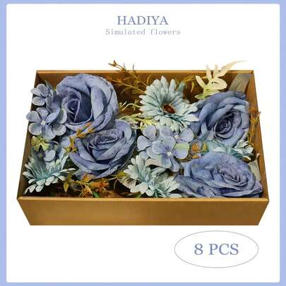 1 Hộp 8 bông hoa lụa hỗn hợp, hoa giả dùng trang trí nhà cửa, đám cưới, tiệc tùng, nhà hàng, phòng ngủ / Có thể dùng để cắm bình, trang trí sân vườn, làm vòng hoa DIY, hoa cài cổ tay.