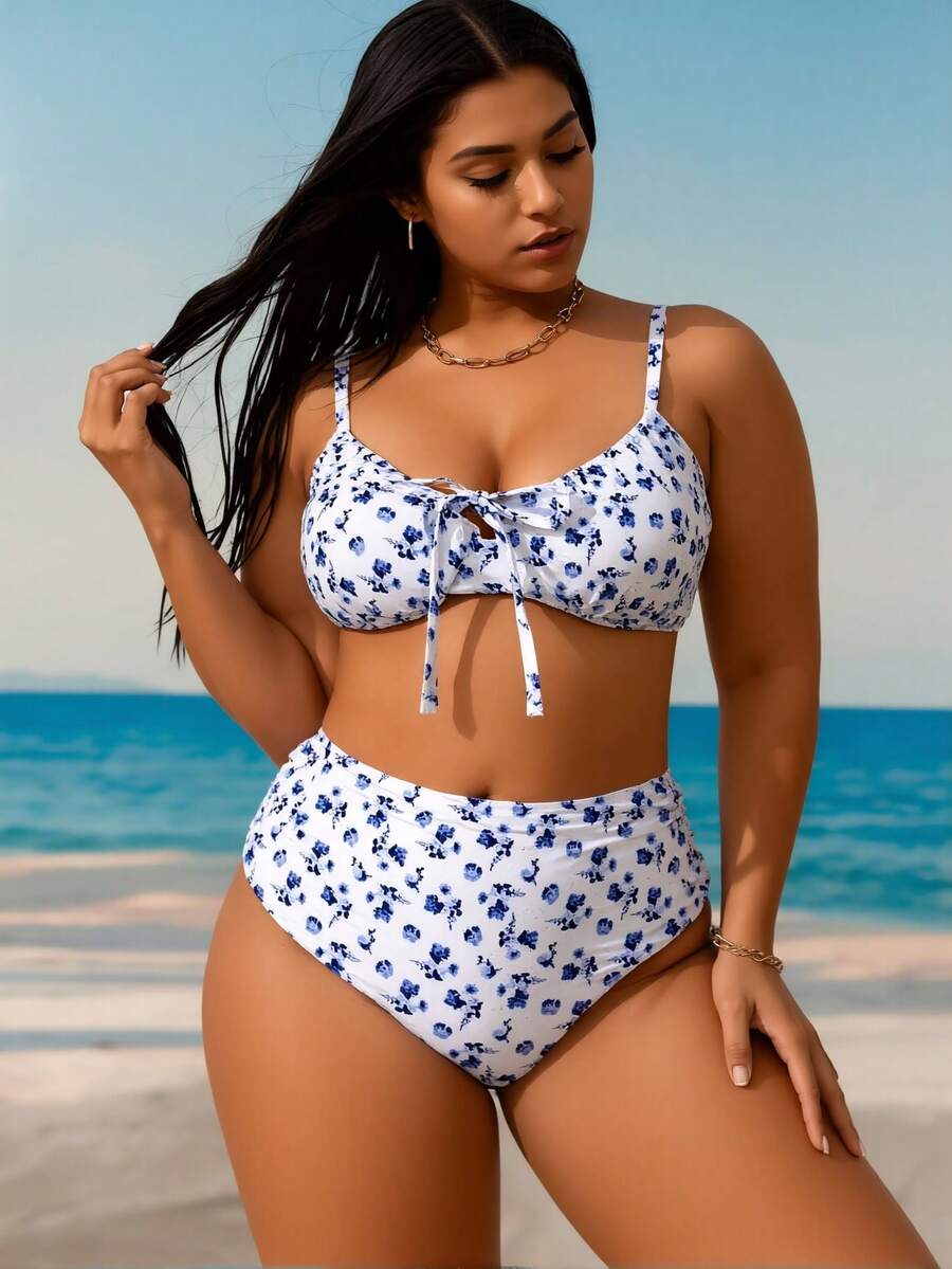2026 New Plus Size Blue White Floral Bikini, High Waist Tummy Control Two Piece Swimsuit - Nhiều màu - Xem 1