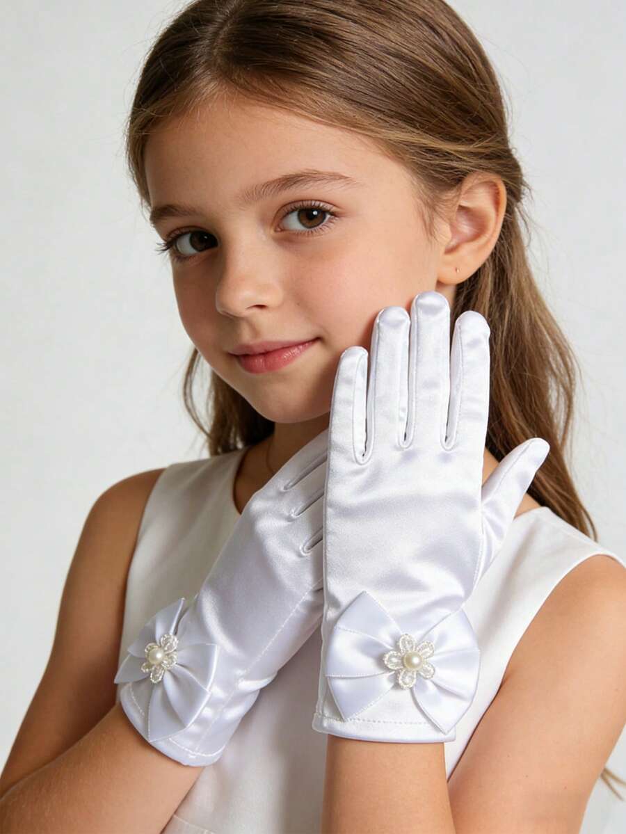 Găng tay ngắn năm ngón cho trẻ em, màu trắng/hồng/be, chất liệu vải satin với thiết kế nơ dễ thương. - Nhiều màu - Xem 1