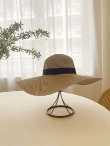 1 chiếc mũ rơm vành rộng dành cho nữ, có dây ruy băng đen, mũ che nắng đi biển. - Nhiều màu - Xem 3