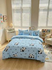 Panda Pattern Cotton Duvet Cover Set – 70% Cotton, Made In Turkey - Baby Blue - View 2
