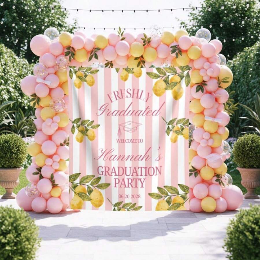 1pc Custom Lemon Themed Graduation Party Photo Backdrop Freshly Graduated Welcome Sign Custom Citrus Grad Party Banner Pastel Pink Lemon Tapestry Decor, Graduation Party Supplies - White - View 1