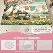 1 pieza Funda protectora para la parte superior de la lavadora con estampado de lavandería, base de goma suave, almohadilla de drenaje de diatomita absorbente y de secado rápido, protector multiusos para lavadora, secadora, refrigerador y mostrador de cafetera, decoración moderna para el hogar y la cocina - Verde Oliva - Ver 7