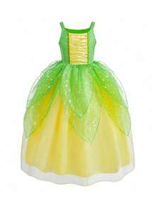 Bộ 5 món gồm váy lưới không tay màu vàng xanh cho bé gái, vương miện, đũa phép và găng tay, trang phục hóa trang chơi trò chơi nhập vai, trang phục dự tiệc Giáng sinh. - vàng-xanh lá cây - Xem 2