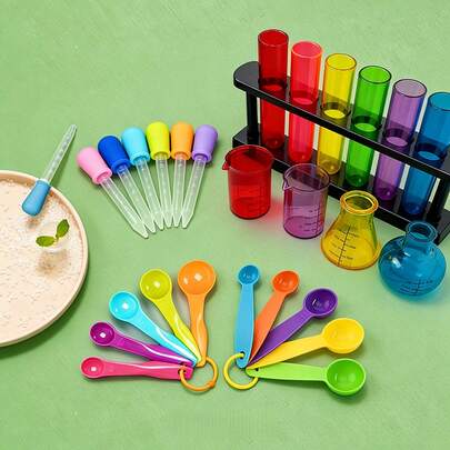 Bộ dụng cụ thí nghiệm khoa học bằng nhựa nhiều màu sắc, bao gồm ống nghiệm, cốc đong, ống nhỏ giọt và cốc đong định lượng, đồ dùng khoa học thú vị và mang tính giáo dục cho gia đình và lớp học, các hoạt động trong lớp học và những người đam mê khoa học.