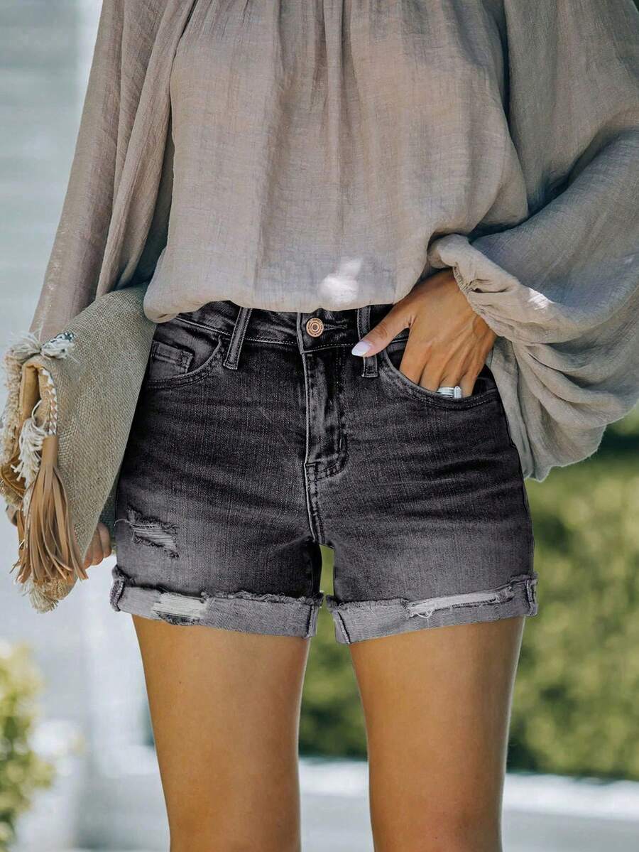 Women's Summer Solid Color Ripped Pocket Button Denim Shorts Casual - Dark Grey - View 1