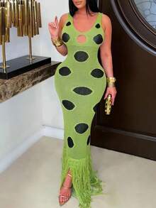 Women's Elegant Sexy Crochet Polka Dot Maxi Dress | Sleeveless Cutout & Fringe Hem Design, Ideal For Club Party, Vacation, Night Out & Summer Events - 綠色 - 查看 8