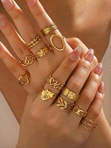 12 piezas Juego de anillos abiertos de acero inoxidable con tono dorado, diseños geométricos de corazón y hoja, anillos ajustables, uso diario elegante y regalo - Dorado - Ver 2