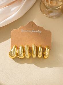 6-18pcs Gold-Tone European And American Style Teardrop, Textured C, Smooth C Hoop Earrings Set, Suitable For Daily Wear And Festivals, Can Be Gifted To Mothers And Best Friends - Gold - View 7