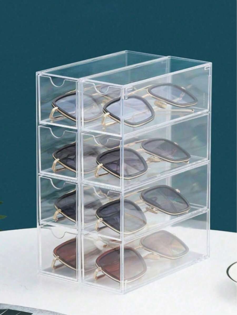 1pc 4-Layer Acrylic Eyewear Storage Box, Stackable Desktop Organizer, Suitable For Glasses, Fashion Eyewear, Cosmetics And Jewelry, With Drawers, Large Capacity, Can Be Used Horizontally Or Vertically, Transparent Desktop Drawer-Style Eyewear Storage Box