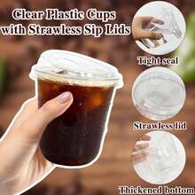 60 Pack Clear Plastic Cups With Strawless Sip Lids,12 Oz Disposable PET Crystal Iced Coffee Cups With Lids,Round Bottom To Go Cup For Iced Coffee Juice Smoothie Cold Beverage Coffee Shops And Party - ColorA - 查看 3