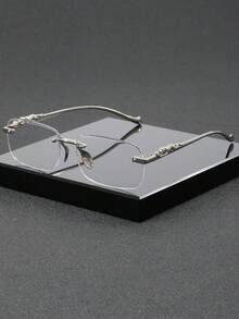 Unisex Rectangular Rimless Transparent Glasses With Metal Frame, Fashionable Casual Wear, Luxury Social, Stylish Street Photography And Office Attire - Multicolor - View 8