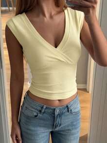 女士夏季Y2K风格修身百搭交叉V领无袖吊带背心，适合海滩度假，黄色休闲家居服 - 黃色 - 查看 10