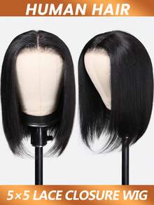 5x5 透明蕾丝闭合假发 真人发 即戴即用 无胶波波头假发 直发闭合假发 预剪裁 自由分缝假发 女士款 自然黑 180% 密度 - Natural Black - 查看 5