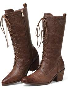 Women's Brown Retro Mid Calf Boots Lace Up Side Zipper Block Chunky Heels Boots Vintage Fashion Casual Comfortable Party Dress Christmas Halloween Outfit Autumn Winter Fall Boots - màu nâu - Xem 2