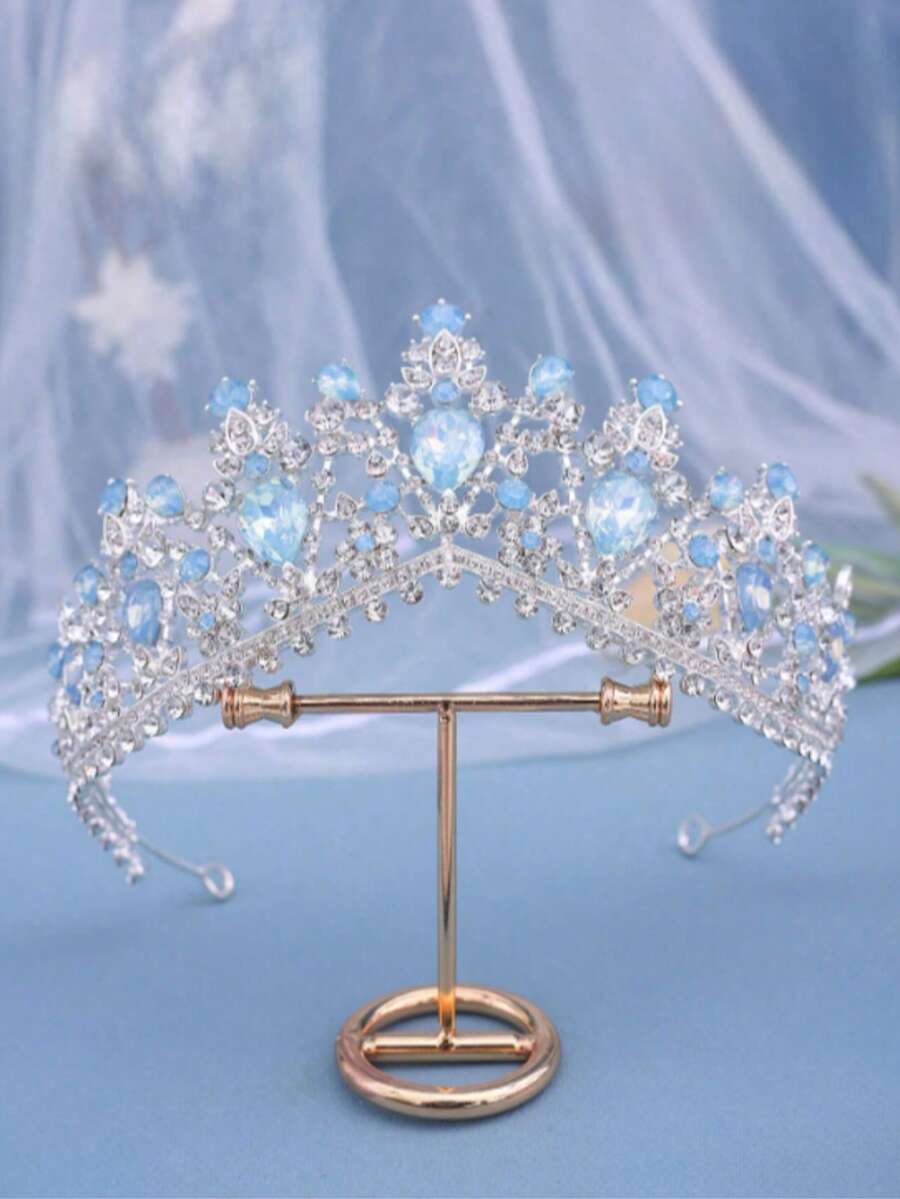 1pc Silver Baroque Bridal Luxury Crown, Wedding Ball Party Rhinestone Headpiece - Baby Blue - View 1