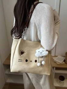 温柔猫脸刺绣帆布包，可爱云朵挂饰，韩版休闲风女士百搭手提包 - 卡其色 - 查看 4