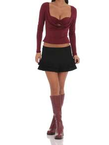 Womens Cowl Neck Cutout Tops Long Sleeve Low Cut Solid Color Slim Fit T-Shirts Fall Blouses - Red - View 5