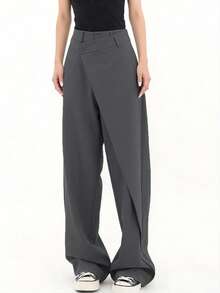 Pantalones anchos de traje para mujer, pantalones sueltos negros, pantalones rectos asimétricos, pantalones casuales delgados y elegantes para primavera/verano - Gris - Ver 3
