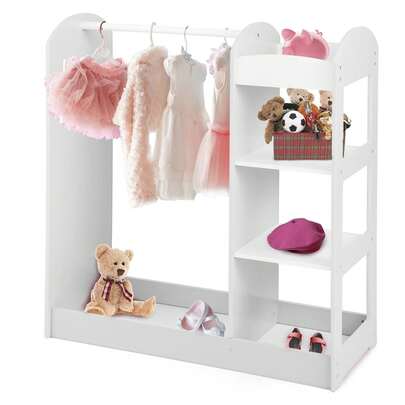  COSTWAY Kids Play Armoire With Mirror, Baby Pretend Storage Closet With Clothes Hanger & Shelves, Dress-Up Storage Cabinet For Costumes, Toys, Toddler Wardrobe For Kids' Room, Playroom, White